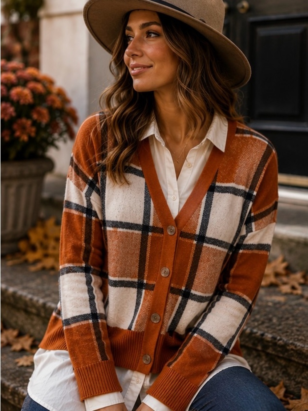 Rachel Zoe Layered Plaid Rust Button-Up Cardigan Sweater Size L Boho Cottage